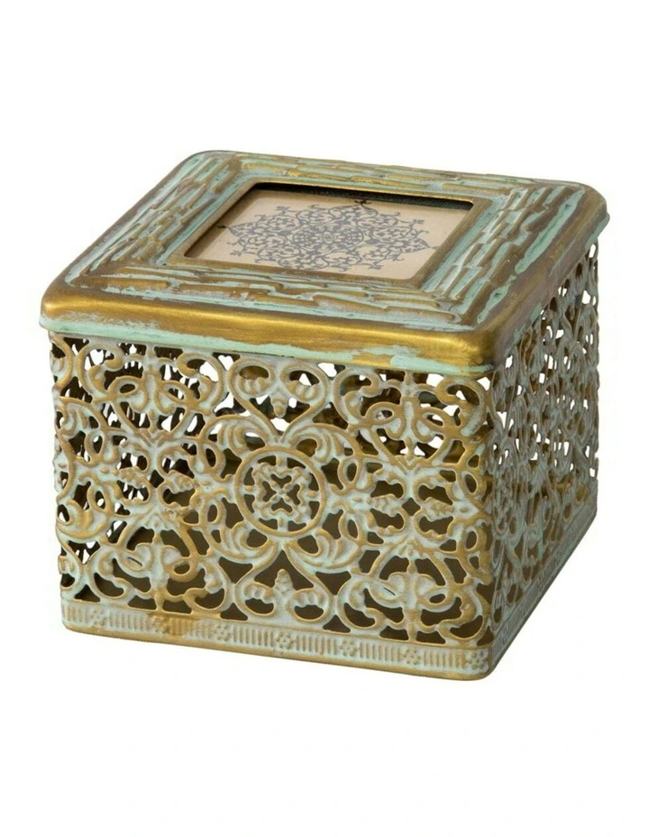Moroccan Ornate Square Trinket Photo Box in Distressed Gold