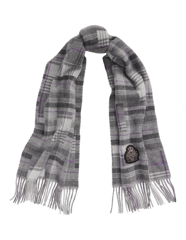 Mixed-Plaid Crest-Patch Wool-Blend Scarf in Grey
