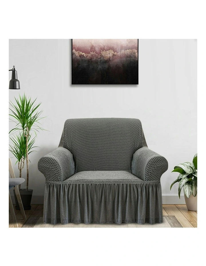 1-Seater Sofa Cover with Ruffled Skirt Couch Protector in Grey