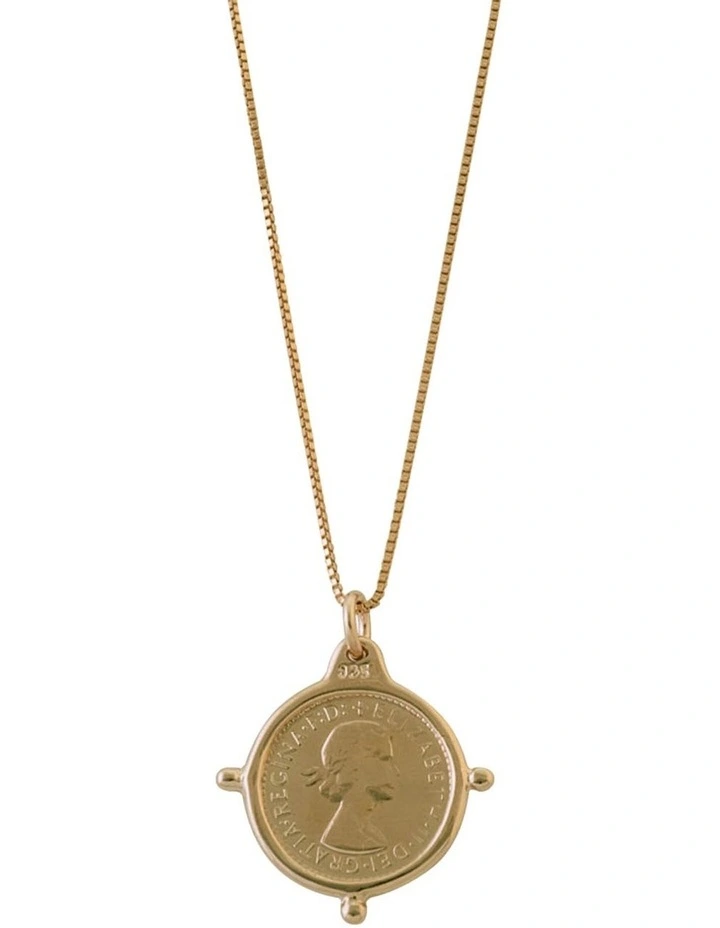 Fine Box Chain Compass Frame Threepence Gold Necklace