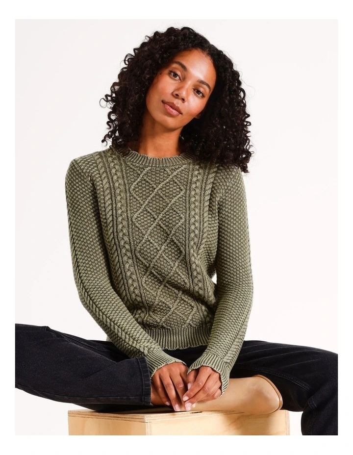 Washed Cable Knit Jumper in Khaki