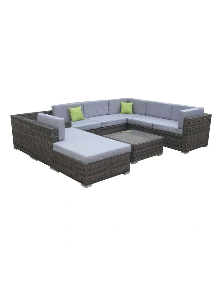 Outdoor 9 Piece Oatmeal Rattan Sofa Set Black Coating & Grey Seats (6 Boxes)