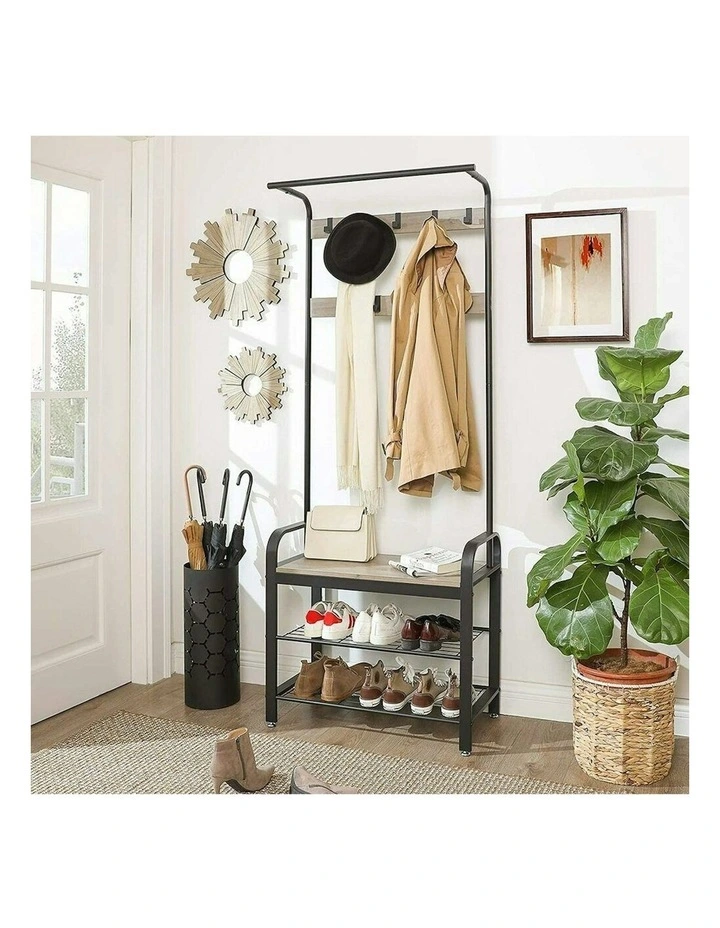 Coat Rack Stand with Bench 183cm in Greige and Black