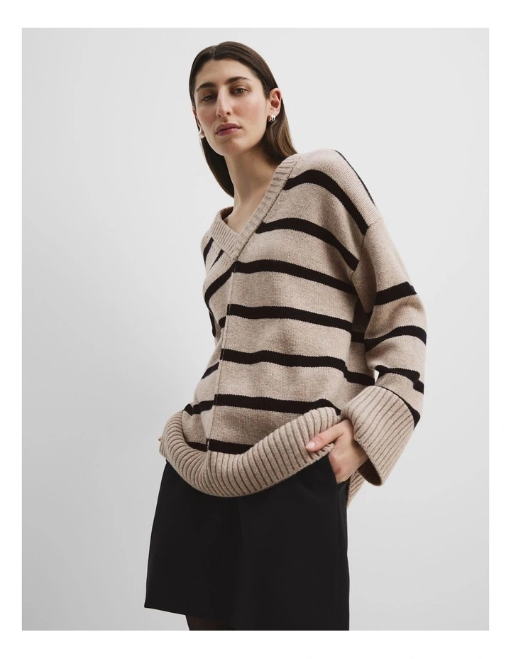 V-neck Longline Knit in Dune Stripe