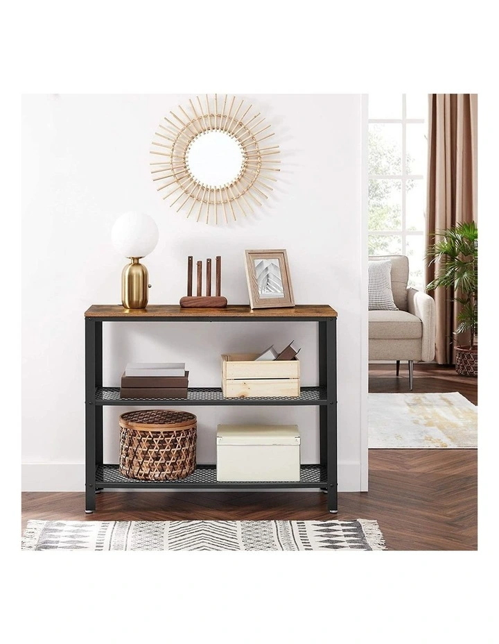 Console Table with 2 Mesh Shelves in Rustic Brown/Black