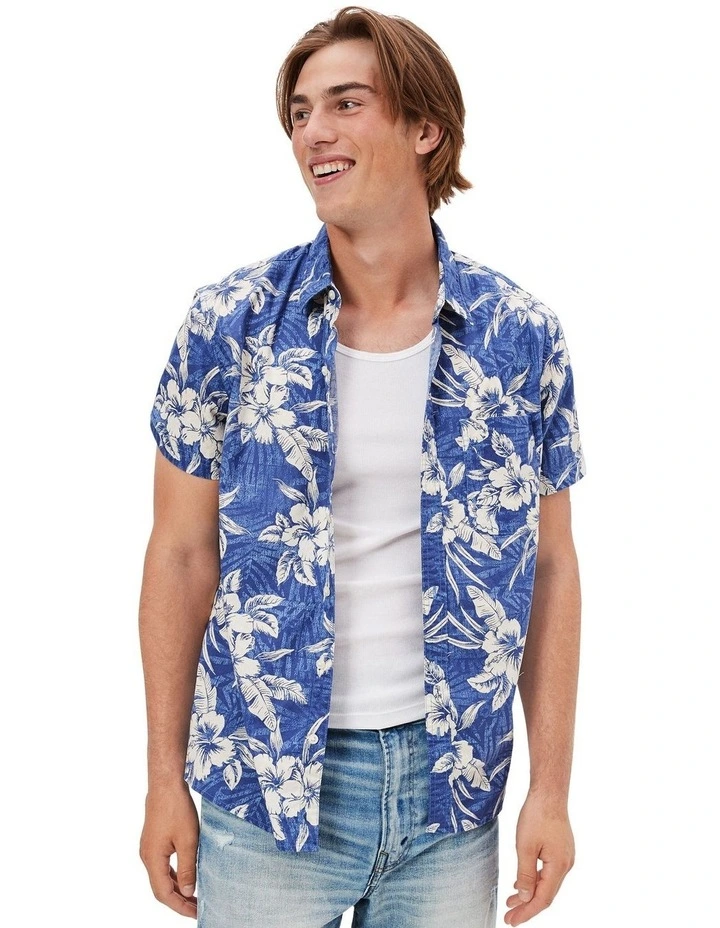 Tropical Button-Up Resort Shirt in Classic Blue