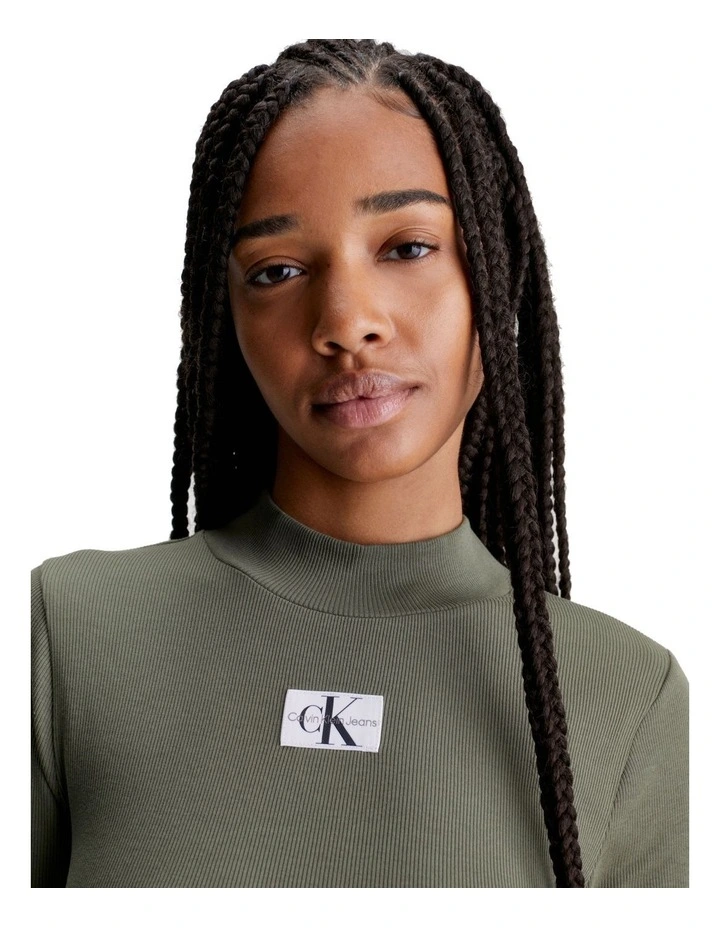 Woven Label Rib Long Sleeve Dress in Dusty Olive