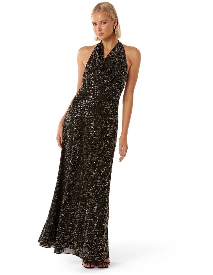 Celine Beaded Halter Maxi Dress in Black