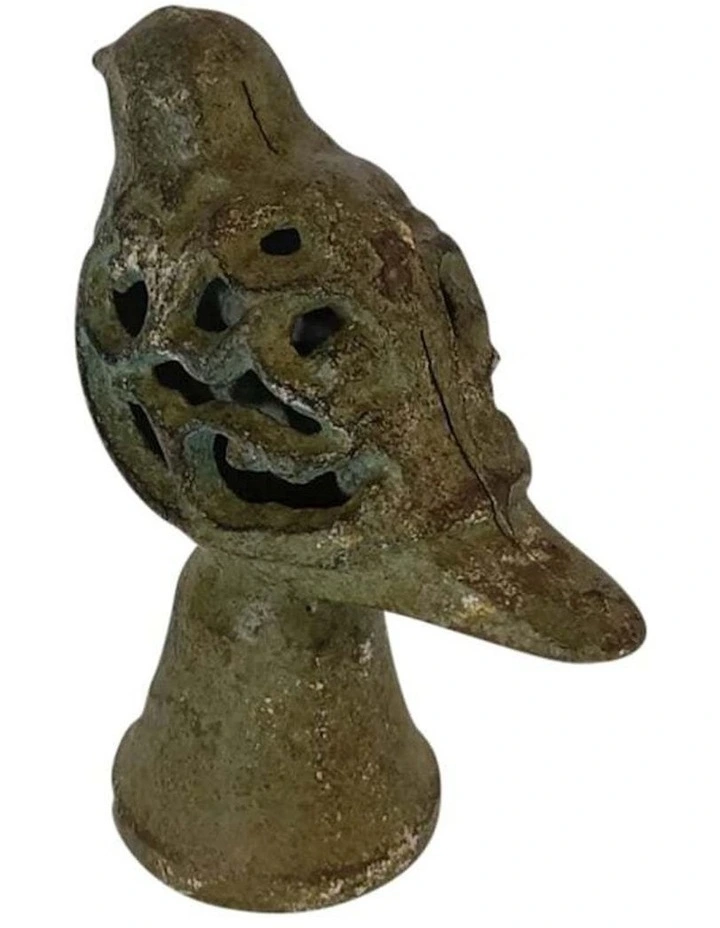 Cast Iron Bird Statue on Base Ornament in Distressed Green