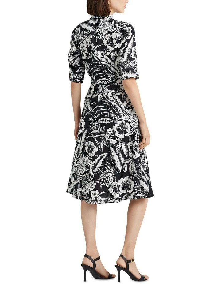 Floral Tie-Front Linen Shirtdress in Black