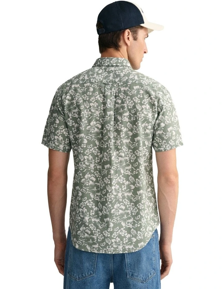 Floral Cotton Linen Short Sleeve Shirt in Kalamata Green