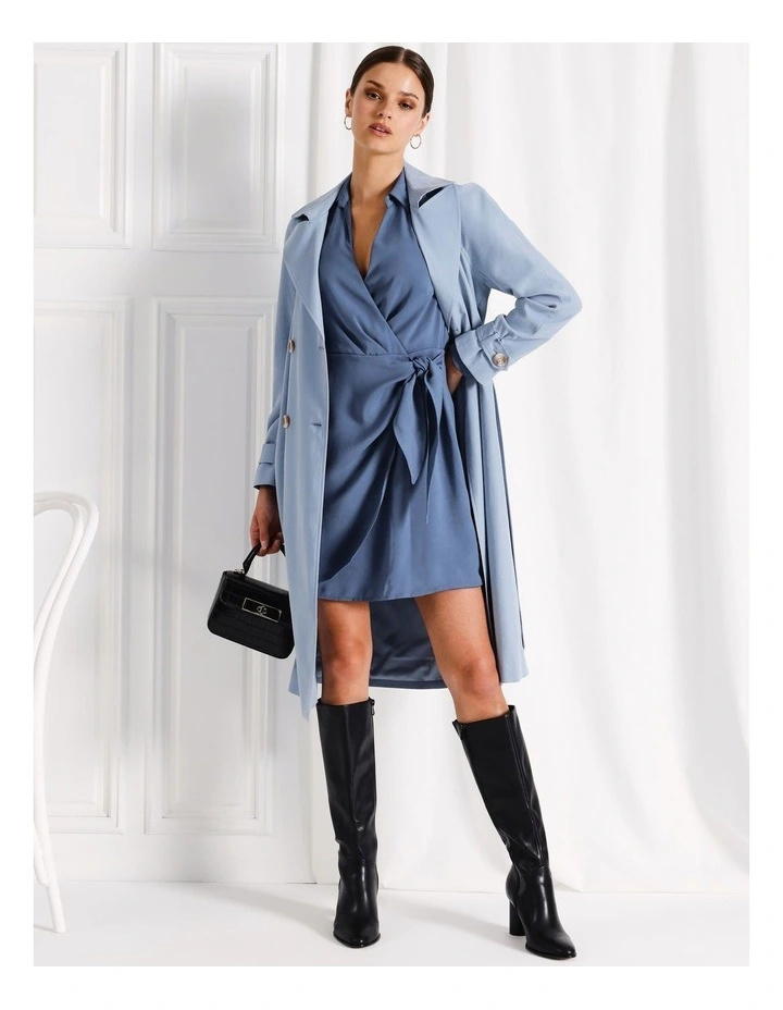 Recycled Satin Tie Waist Mini Shirt Dress in Blue