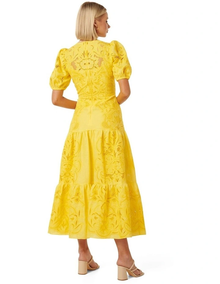 Lottie Broderie Midi Dress in Yellow