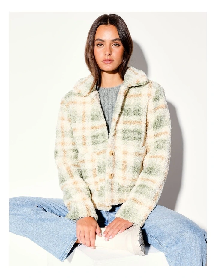 Recycled Teddy Jacket Check in Sage