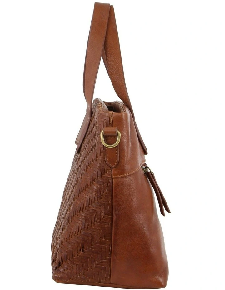 Woven Embossed Leather Tote Bag in Dark Tan