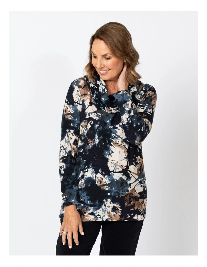 Atlas Print Cowl Long Sleeve Top in Navy