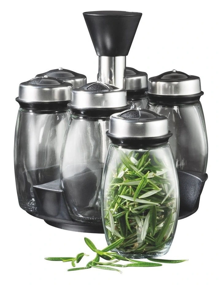 6 Spice Jar Set with Rotating Carousel Stand in Black
