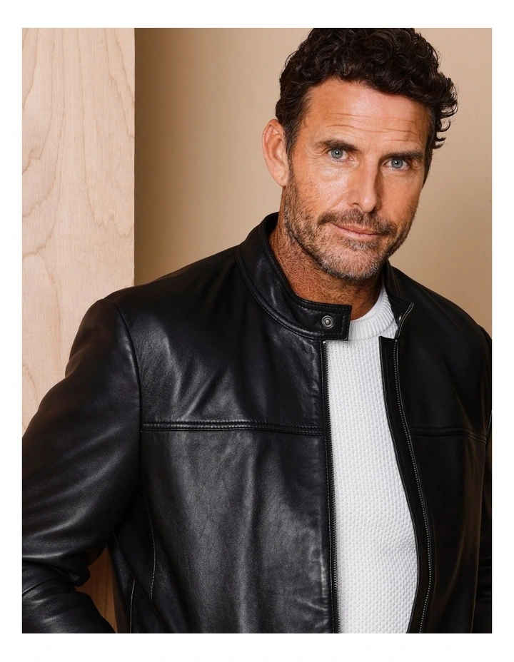 Duke Stand Collar Leather Jacket in Black