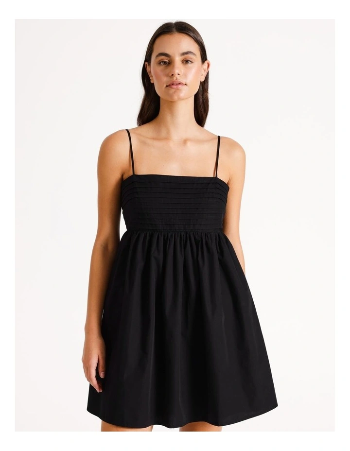 Pintuck Babydoll Mini Dress in Black