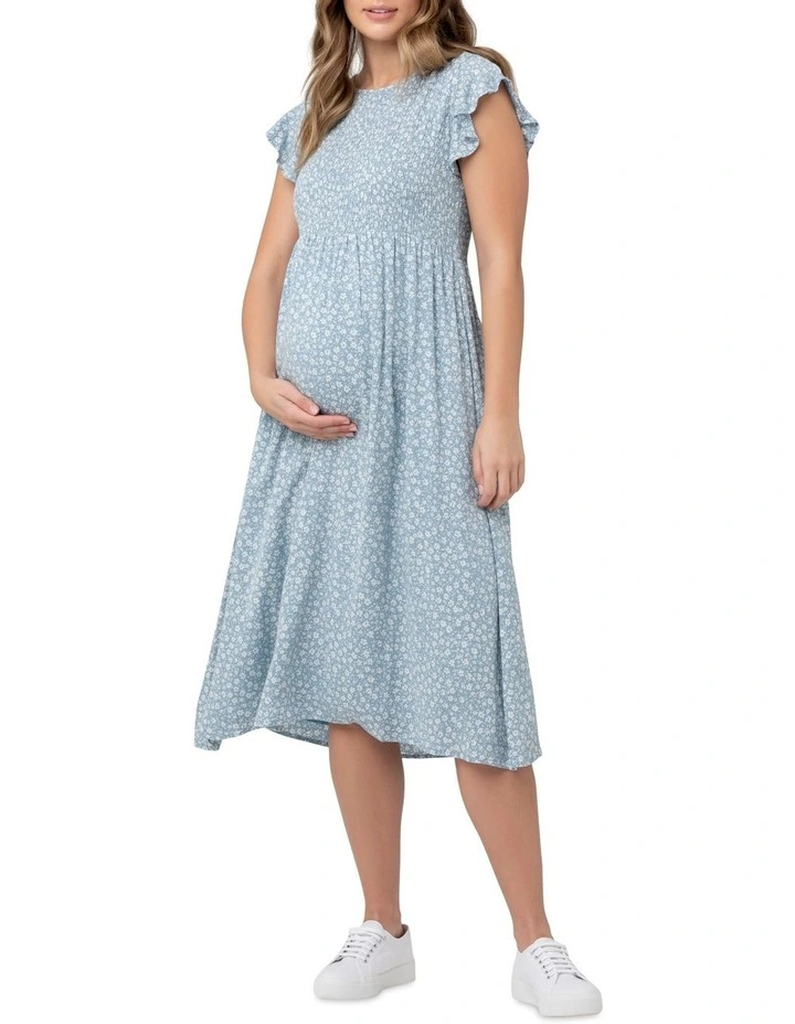 Ava Shirred Dress in Blue