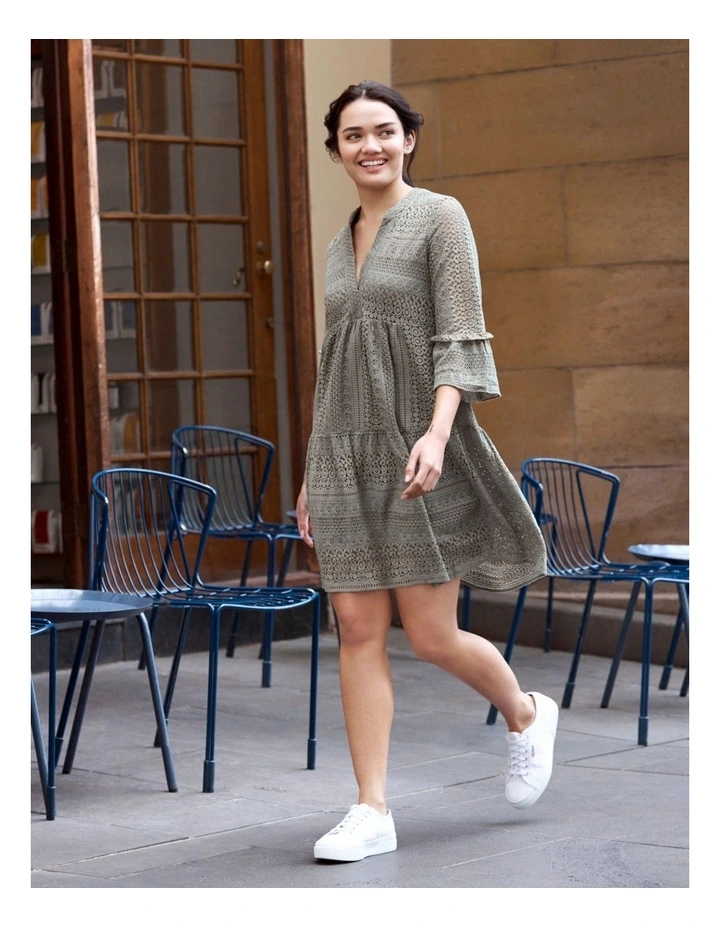 Honey Lace 3/4 V-Neck Tunic Dress in Laurel Wreath