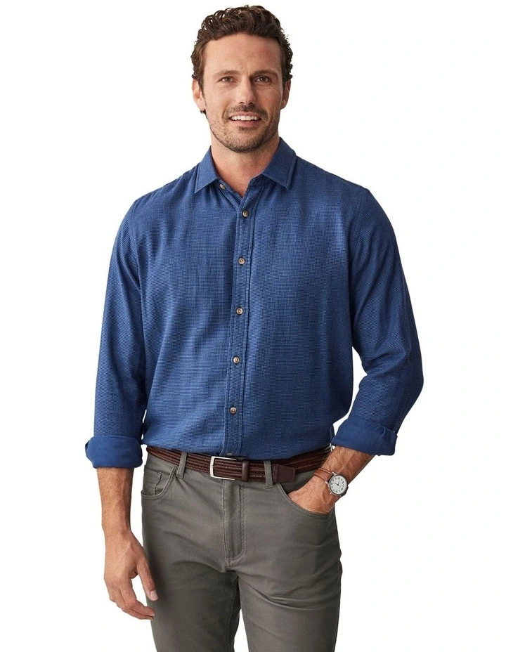 Casual Double Face Houndstooth Long Sleeve Shirt in Denim