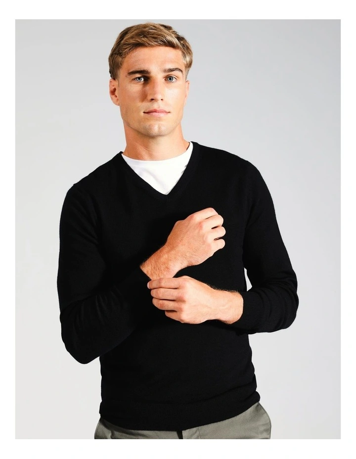 Australian Merino V-Neck Knit in Black