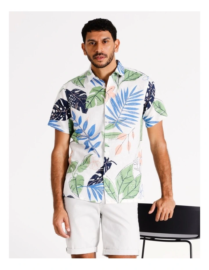 Lennox Floral Print Short Sleeve Linen Blend Shirt in Beige