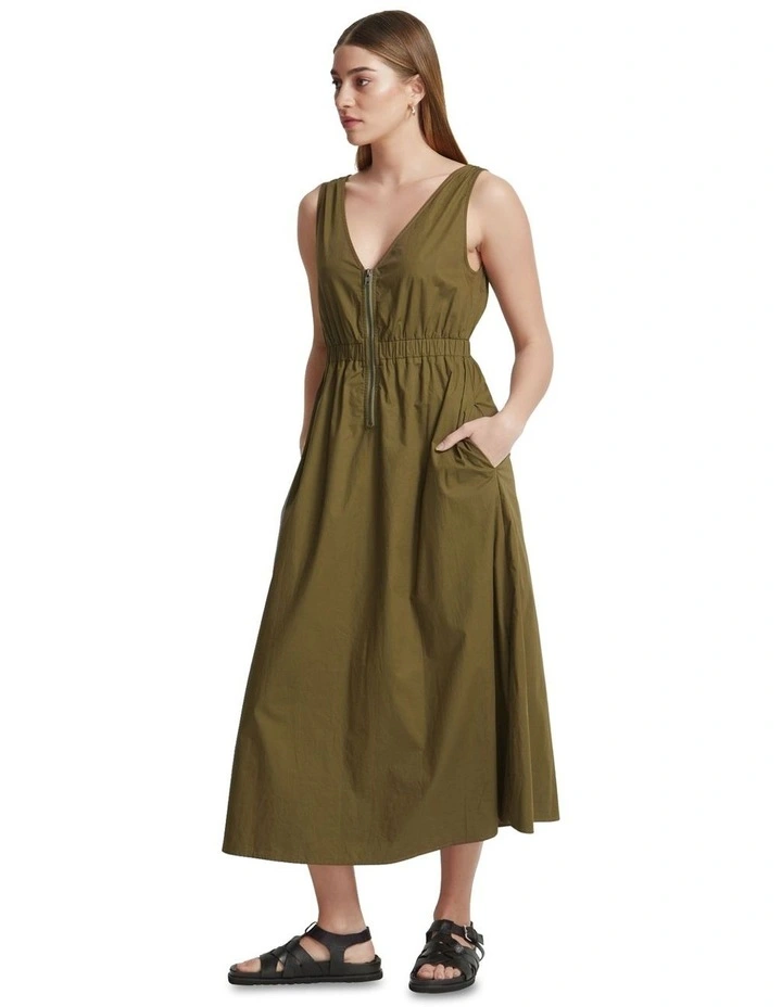 Leona Zip Up Cotton Dress in Olive