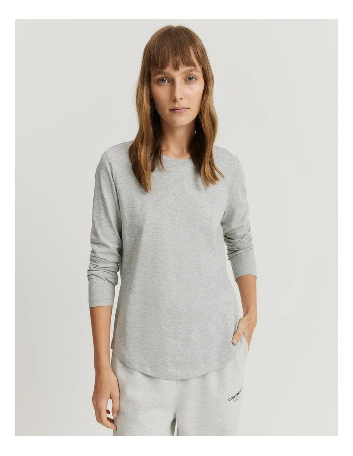 Australian Cotton Long Sleeve Slub T-shirt in Light Grey Marle