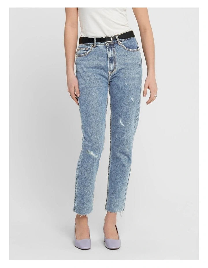 Emily Life High Waisted Straight Cropped Jeans in Denim Blue