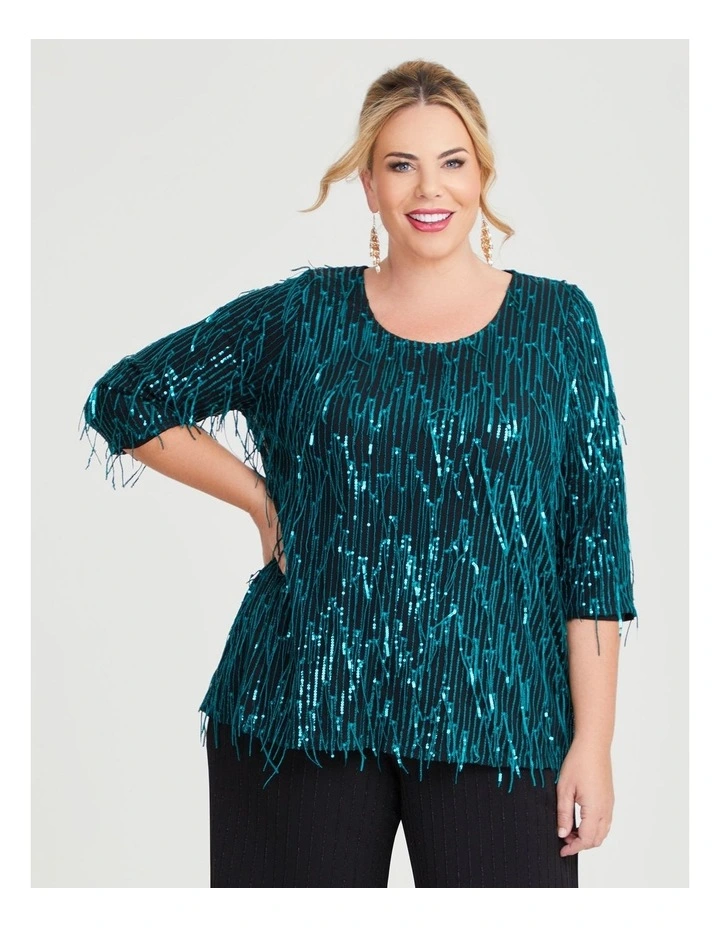 Fringe Sequin Party Top in Teal/Black