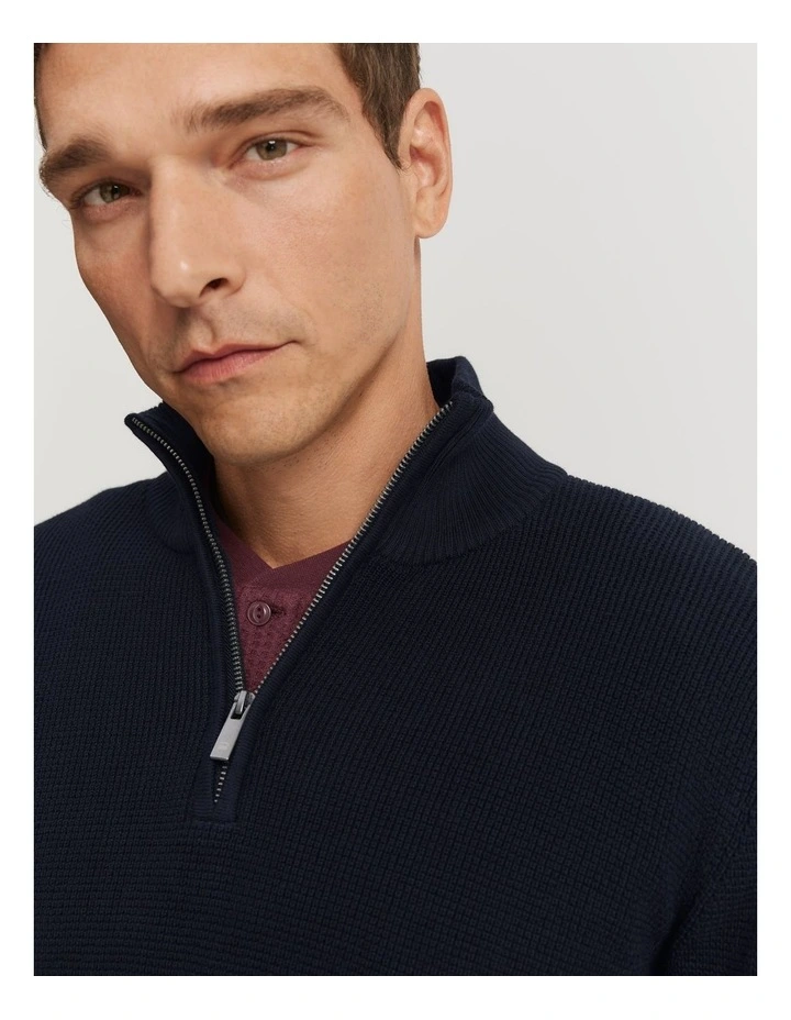 Australian Cotton Textured Half Zip Sweat in Navy