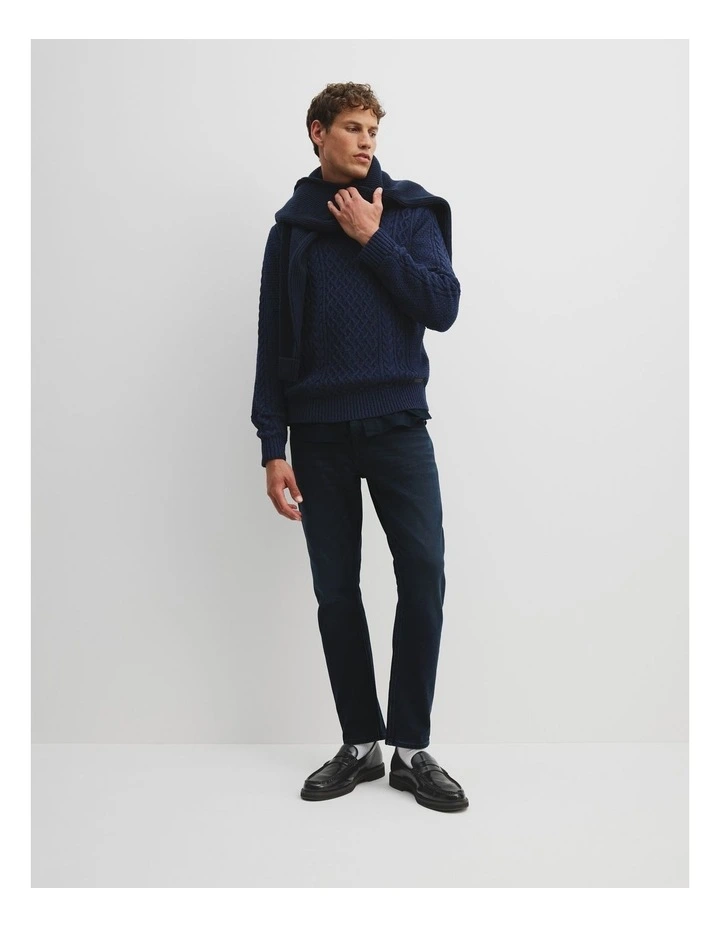 Australian Cotton Cable Crew Knit Sweater in Navy