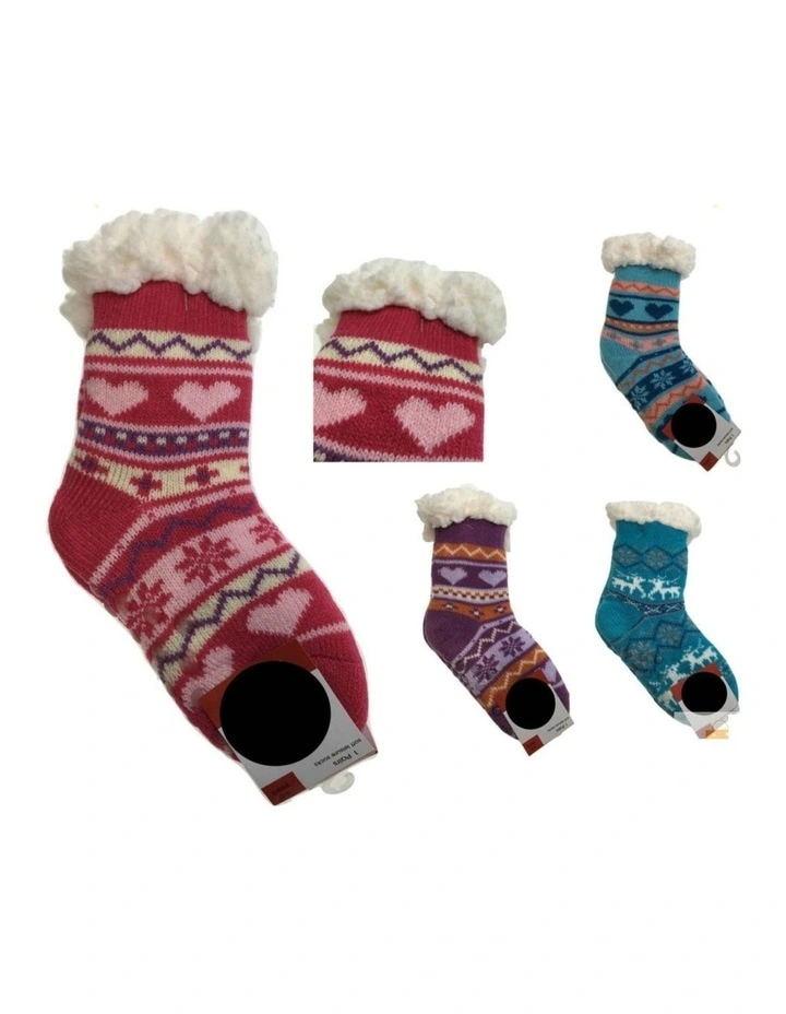 Thick Fluffy Kids Bed Socks With Grip Five Pairs in Assorted Colours