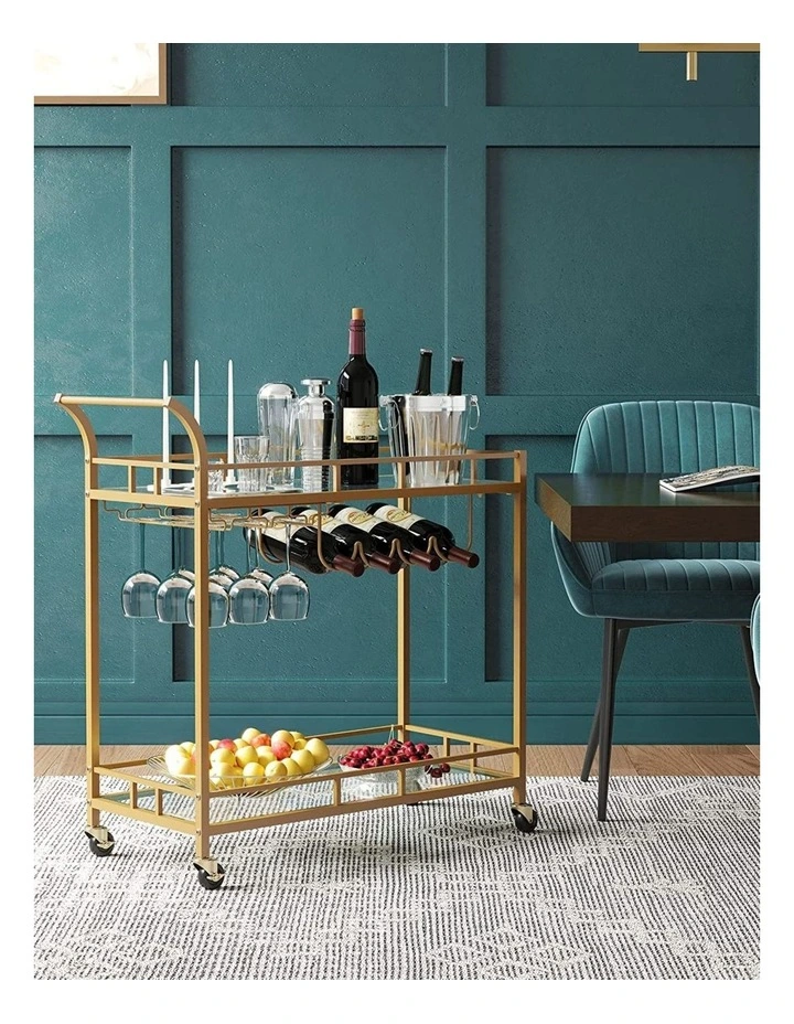 Serving Bar Cart with Wheels And Wine Bottle Holders in Gold