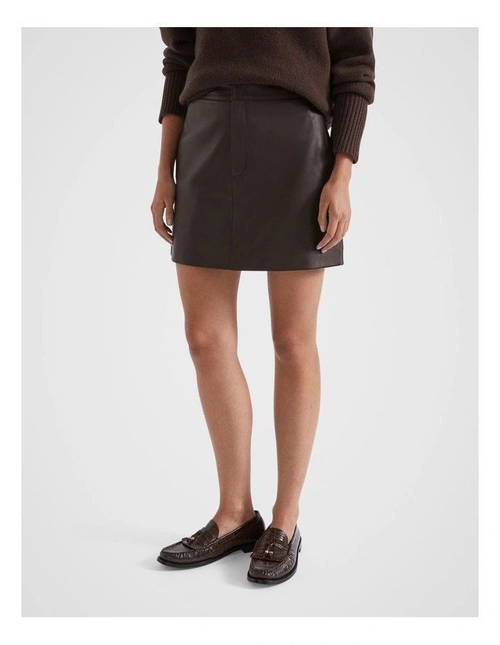 Leather Fly Front Mini Skirt in Dark Espresso