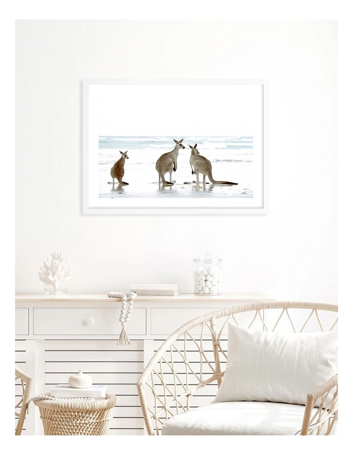Australian Made Kangaroo Beach Art Print A2 in White Frame