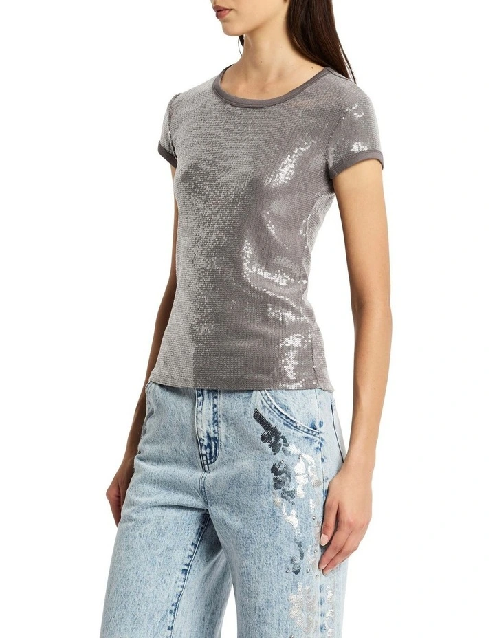 Sequin Sparkle Jersey Top in Smokey Quartz