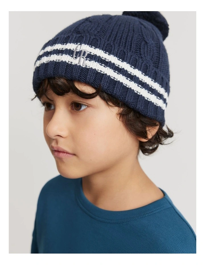 Organically Grown Cotton Blend Varsity Knit Beanie in Navy