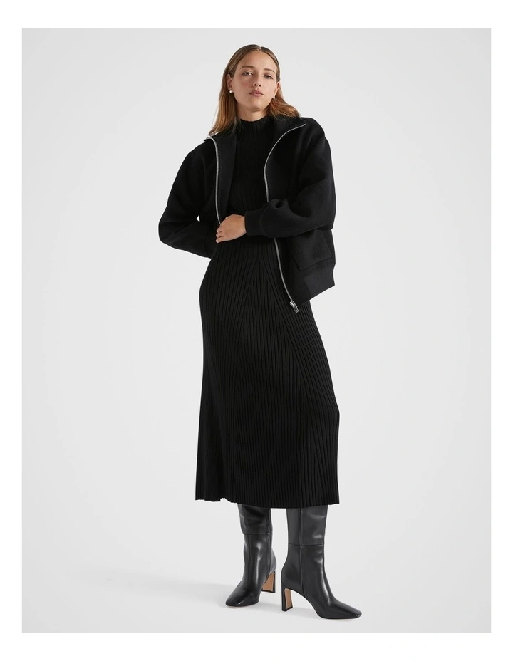 Rib Knit High Neck Dress in Black