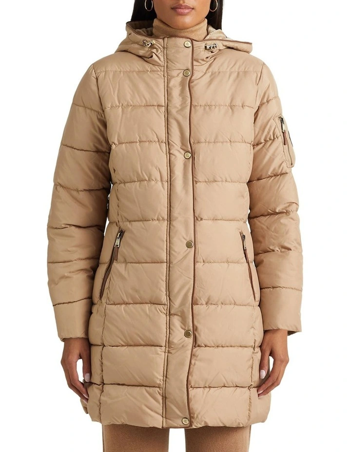 Hooded Down Coat in Beige