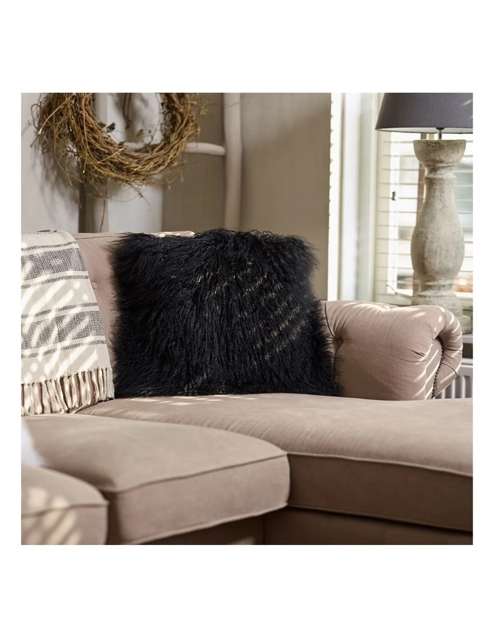 Naturally Sheepskins Long Wool Mongolian Sheepskin Cushion Cover in Black
