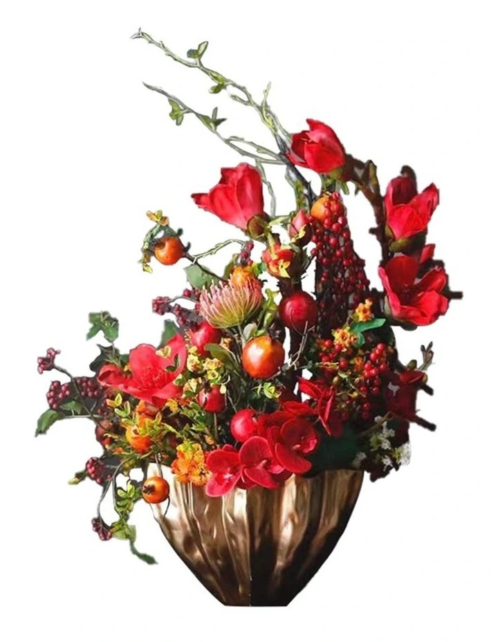 Bespoken Luxury Fire Red Festival Statement Floral Arrangement In Golden Pot