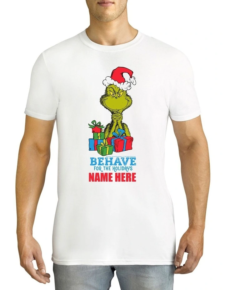 Twidla Men's Dr Seuss The Grinch Behave Personalised Cotton T-Shirt