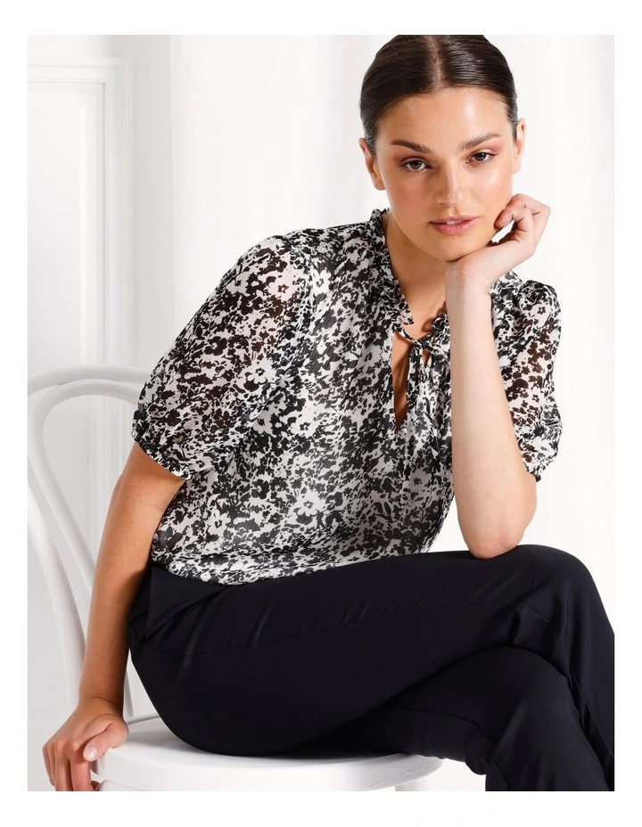 Recycled Blend Puff Sleeve Tie Neck Top in White