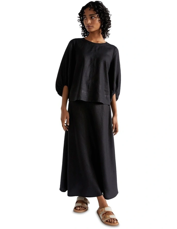 Core Linen Balloon Sleeve Top in Black