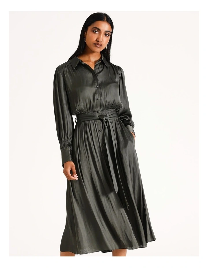 Hammered Satin Midi Shirt Dress in Khaki