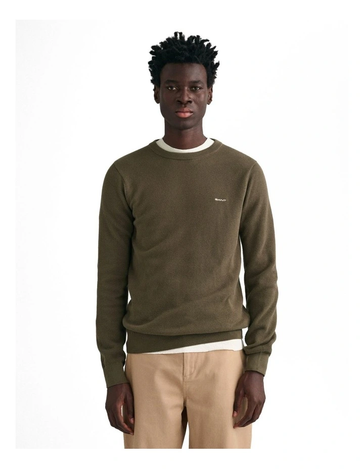Cotton Pique Crew Neck Sweater in Juniper Green