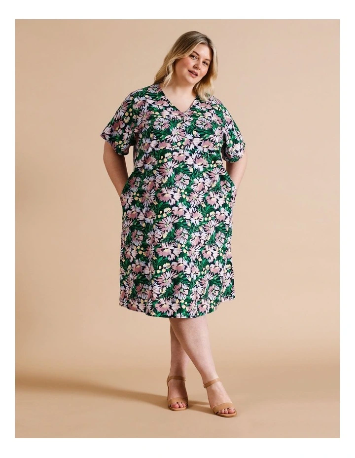 European Linen Blend V Neck Short Sleeve Dress in Green/pinks Floral Print